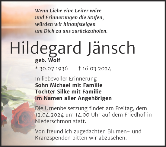 Traueranzeige von Hildegard Jänsch von Mitteldeutsche Zeitung Merseburg/Querfurt