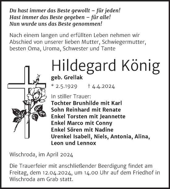 Traueranzeige von Hildegard König von Naumburger Tageblatt