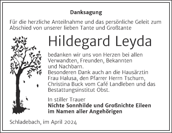 Traueranzeige von Hildegard Leyda von Trauerkombi Merseburg