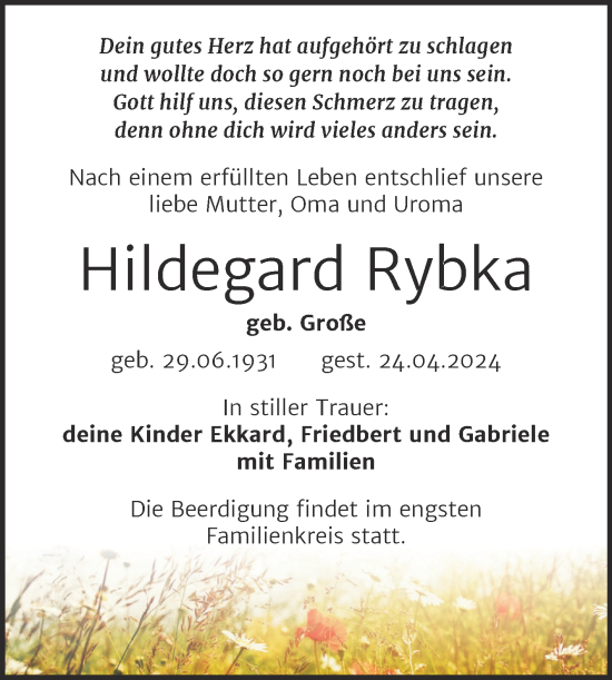Traueranzeige von Hildegard Rybka von Mitteldeutsche Zeitung Halle/Saalkreis