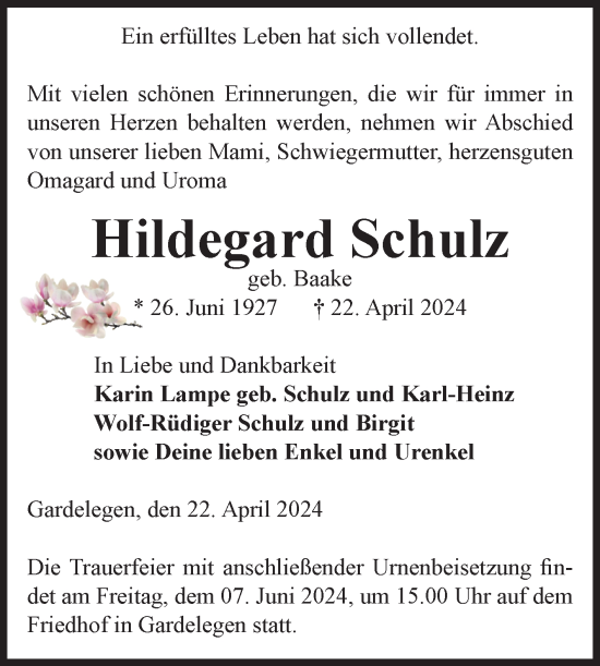 Traueranzeige von Hildegard Schulz von Volksstimme Altmark West