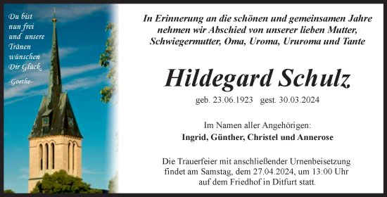 Traueranzeige von Hildegard Schulz von Trauerkombi Quedlinburg
