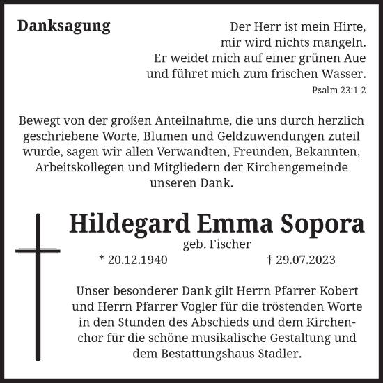 Traueranzeige von Hildegard Emma Sopora von Volksstimme Haldensleben/Wolmirstedt