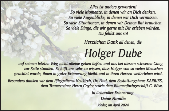 Traueranzeige von Holger Dube von Trauerkombi Quedlinburg