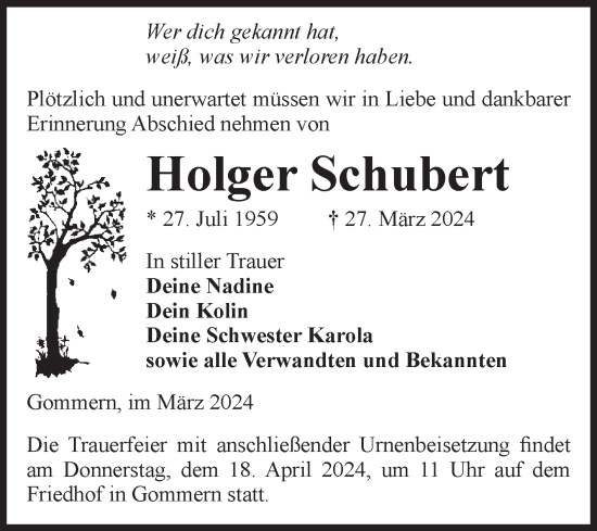 Traueranzeige von Holger Schubert von Volksstimme Burg/Genthin