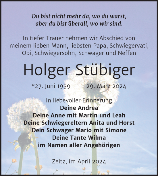 Traueranzeige von Holger Stübiger von Trauerkombi Zeitz