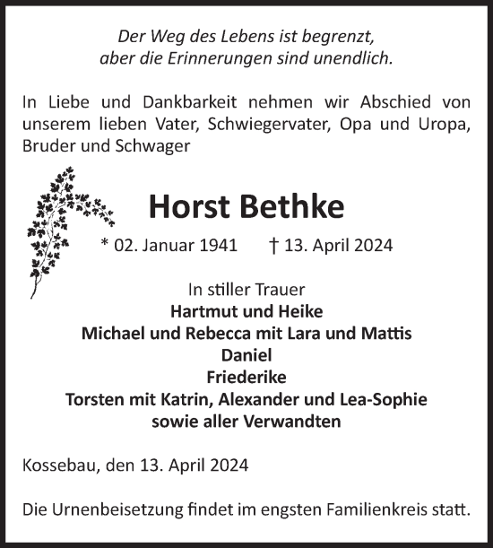 Traueranzeige von Horst Bethke von Volksstimme Altmark Ost