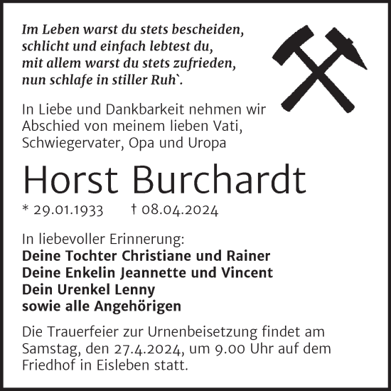 Traueranzeige von Horst Burchardt von Trauerkombi Mansfelder Land
