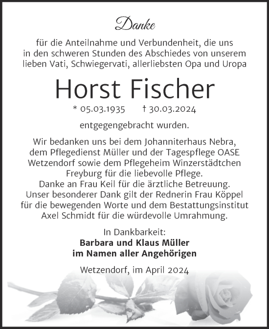 Traueranzeige von Horst Fischer von Naumburger Tageblatt