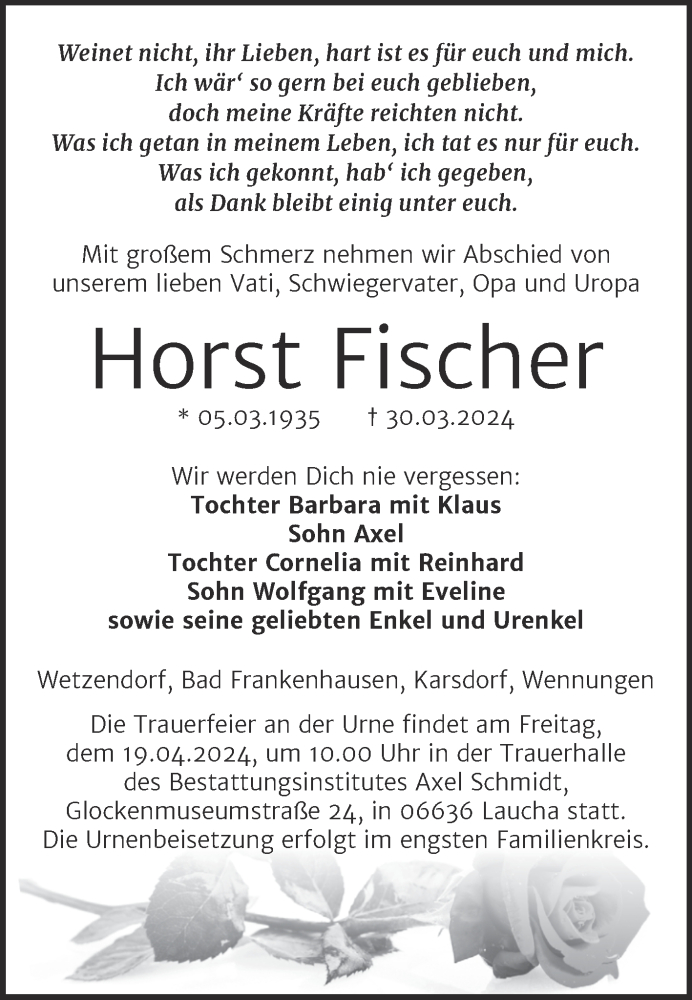  Traueranzeige für Horst Fischer vom 06.04.2024 aus Naumburger Tageblatt