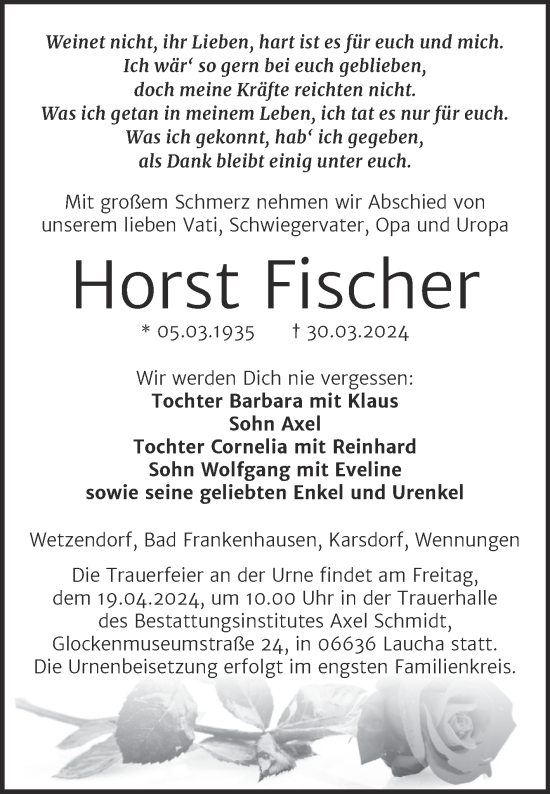 Traueranzeige von Horst Fischer von Naumburger Tageblatt