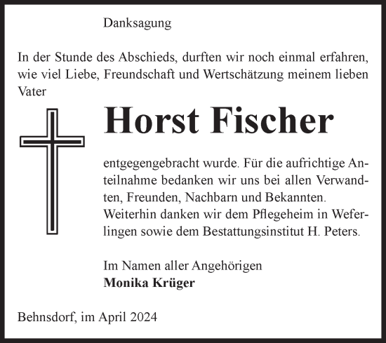 Traueranzeige von Horst Fischer von Volksstimme Haldensleben/Wolmirstedt