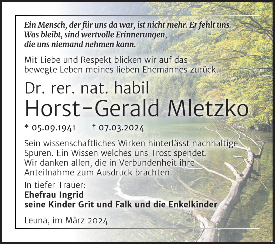 Traueranzeige von Horst-Gerald Mletzko von Trauerkombi Merseburg