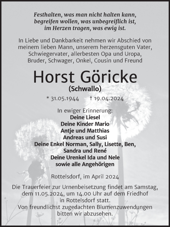 Traueranzeige von Horst Göricke von Trauerkombi Mansfelder Land