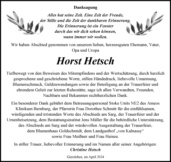 Traueranzeige von Horst Hetsch von Trauerkombi Aschersleben
