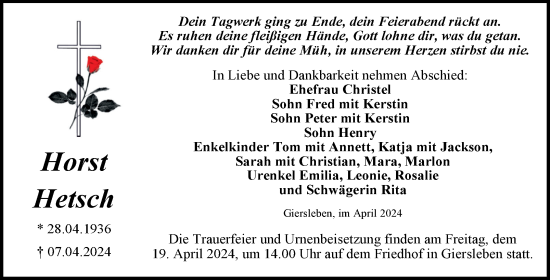 Traueranzeige von Horst Hetsch von Trauerkombi Aschersleben