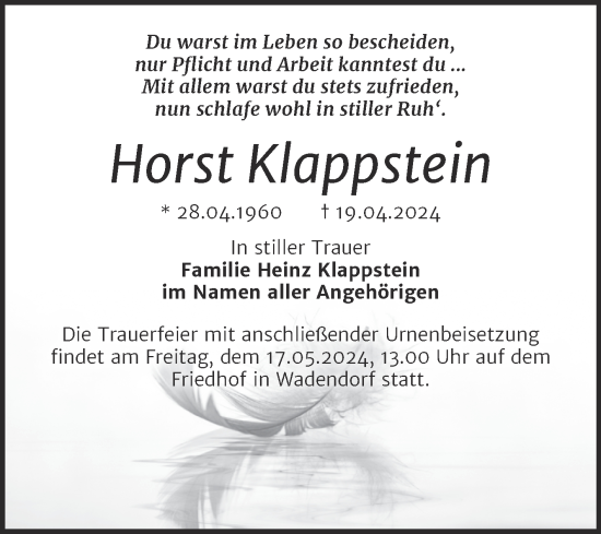 Traueranzeige von Horst Klappstein von Trauerkombi Bitterfeld