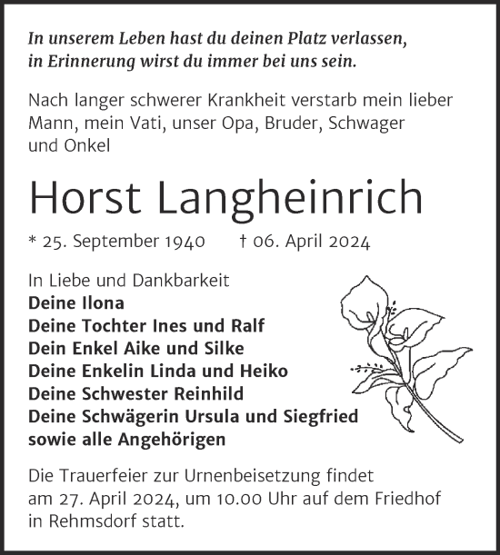 Traueranzeige von Horst Langheinrich von Trauerkombi Zeitz