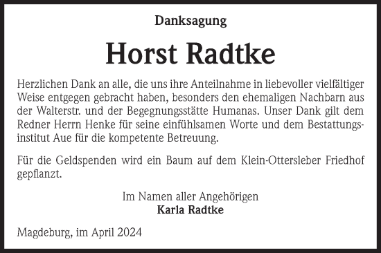 Traueranzeige von Horst Radtke von Volksstimme Magdeburg