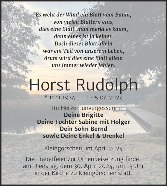 Traueranzeige von Horst Rudolph von Trauerkombi Weißenfels