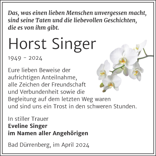 Traueranzeige von Horst Singer von Trauerkombi Merseburg