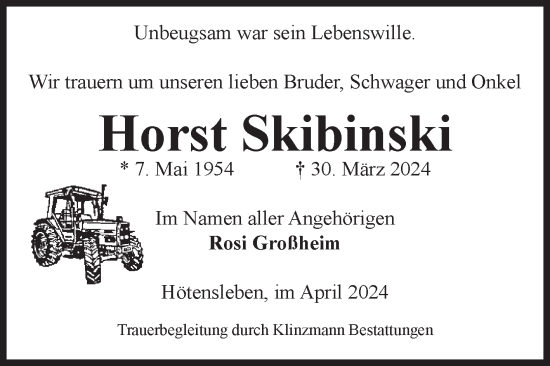 Traueranzeige von Horst Skibinski von Volksstimme Oschersleben/Wanzleben