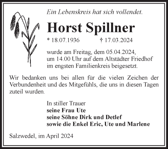 Traueranzeige von Horst Spillner von Volksstimme Altmark West