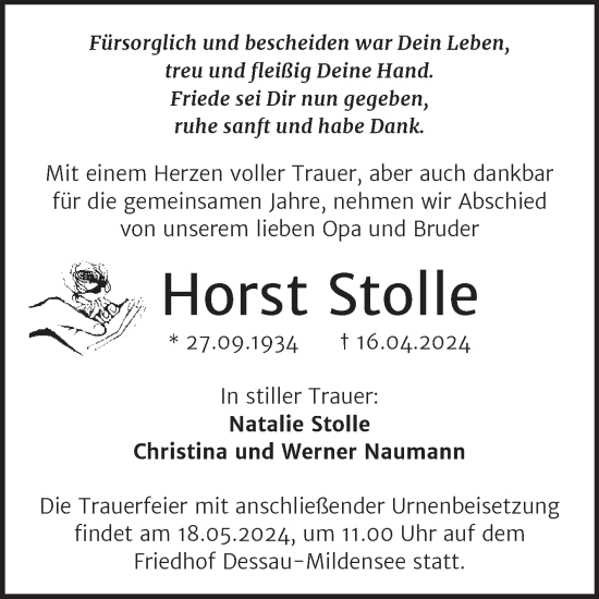 Traueranzeige von Horst Stolle von Trauerkombi Dessau