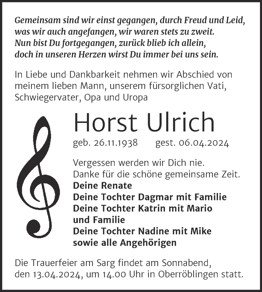  Traueranzeige für Horst Ulrich vom 10.04.2024 aus Mitteldeutsche Zeitung Sangerhausen