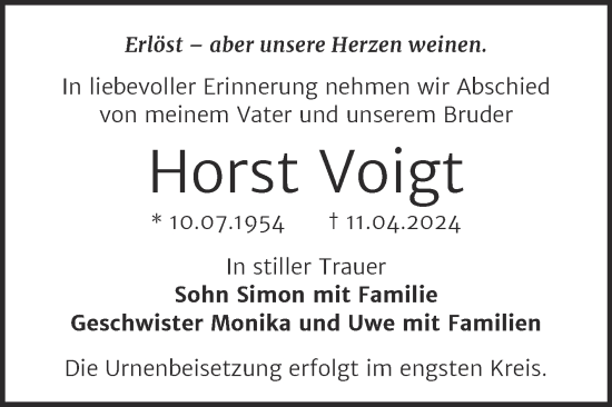 Traueranzeige von Horst Voigt von Trauerkombi Bernburg