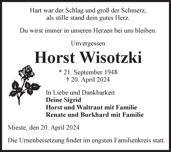 Traueranzeige von Horst Wisotzki von Volksstimme Altmark Ost