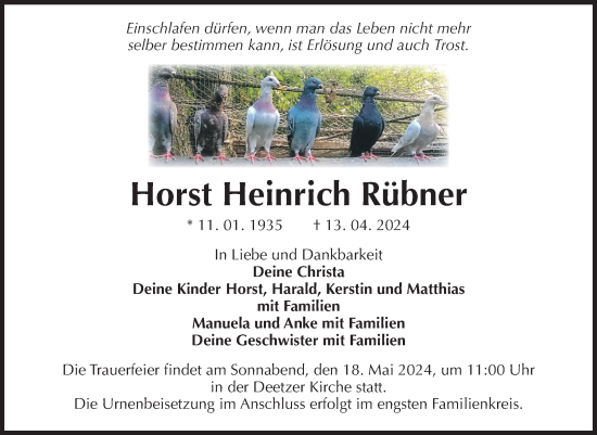 Traueranzeige von Horst Heinrich Rübner von Volksstimme Zerbst