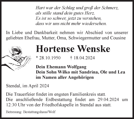 Traueranzeige von Hortense Wenske von Volksstimme Altmark Ost