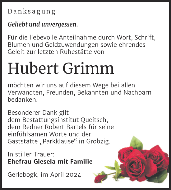 Traueranzeige von Hubert Grimm von Super Sonntag Bernburg