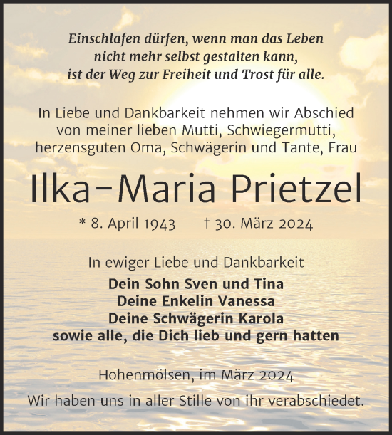 Traueranzeige von Ilka-Maria Prietzel von Trauerkombi Weißenfels
