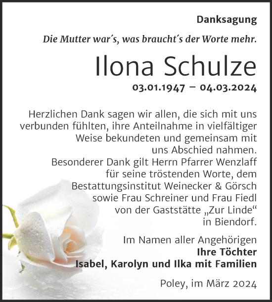 Traueranzeige von Ilona Schulze von Trauerkombi Bernburg