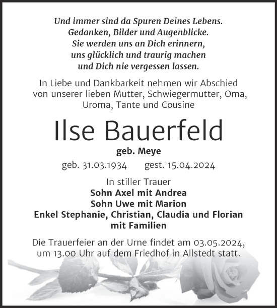 Traueranzeige von Ilse Bauerfeld von Trauerkombi Sangerhausen