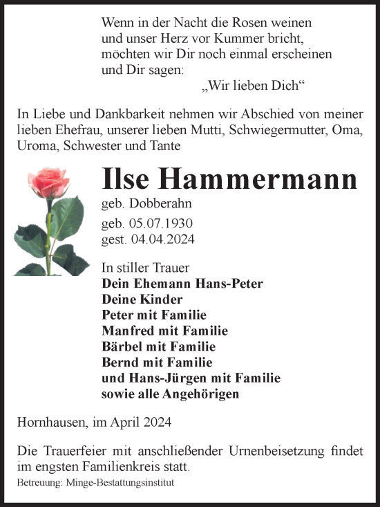 Traueranzeige von Ilse Hammermann von Volksstimme Oschersleben/Wanzleben