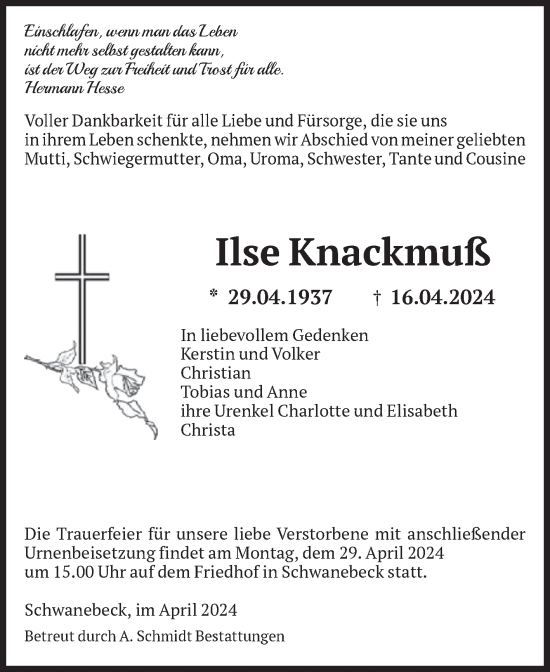 Traueranzeige von Ilse Knackmuß von Volksstimme Halberstadt