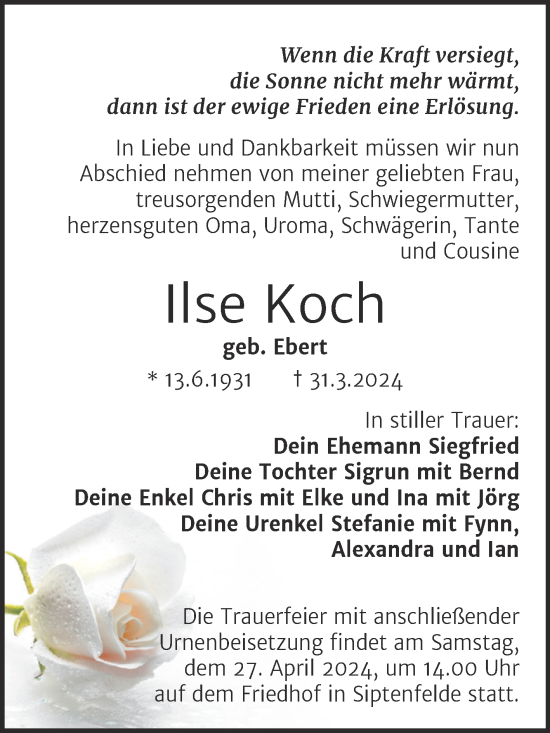 Traueranzeige von Ilse Koch von Trauerkombi Quedlinburg