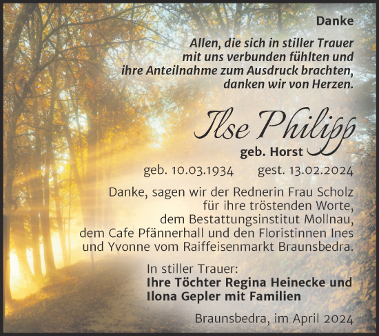 Traueranzeige von Ilse Philipp von Trauerkombi Merseburg