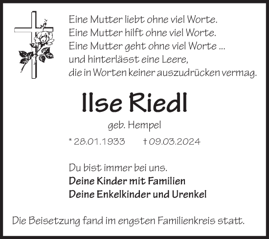 Traueranzeige von Ilse Riedl von Volksstimme Oschersleben/Wanzleben