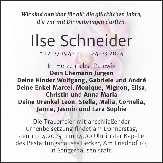 Traueranzeige von Ilse Schneider von Trauerkombi Sangerhausen