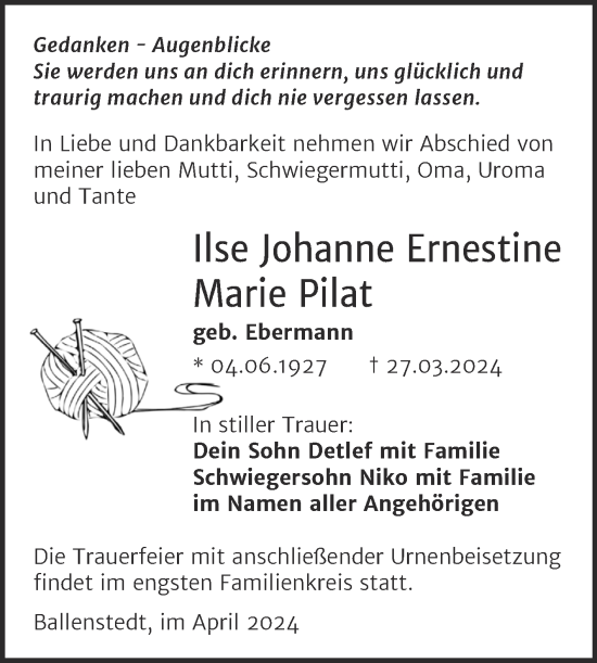 Traueranzeige von Ilse Johanne Ernestine Marie Pilat von Trauerkombi Quedlinburg