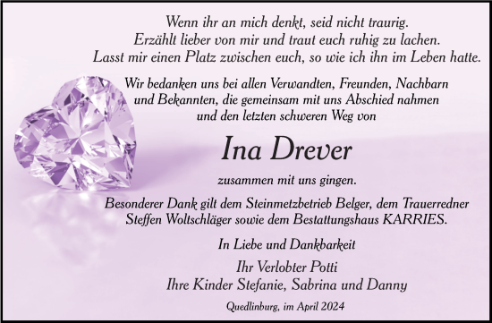 Traueranzeige von Ina Drever von Trauerkombi Quedlinburg
