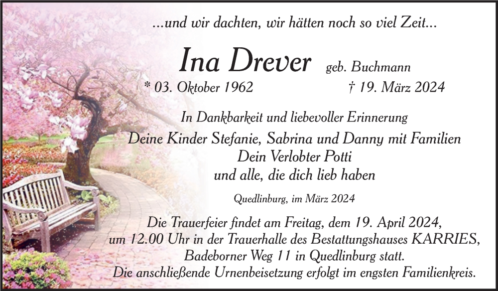  Traueranzeige für Ina Drever vom 06.04.2024 aus Trauerkombi Quedlinburg