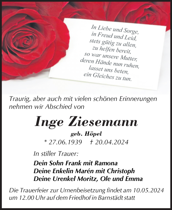 Traueranzeige von Inge Ziesemann von Trauerkombi Merseburg