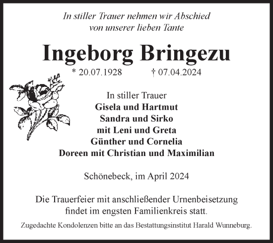 Traueranzeige von Ingeborg Bringezu von Volksstimme Schönebeck