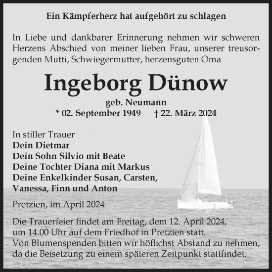 Traueranzeige von Ingeborg Dünow von Volksstimme Schönebeck