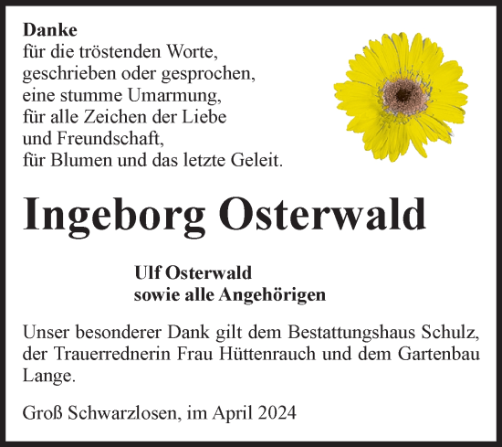 Traueranzeige von Ingeborg Osterwald von Volksstimme Altmark Ost